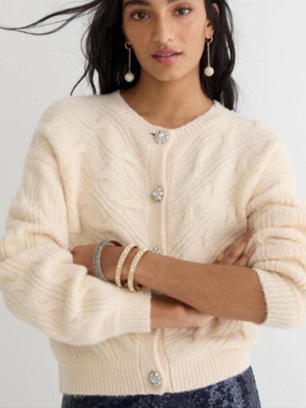 J. Crew Cream Cabled Chunky Cardigan Sweater Size Small Faux Rhinestone Buttons